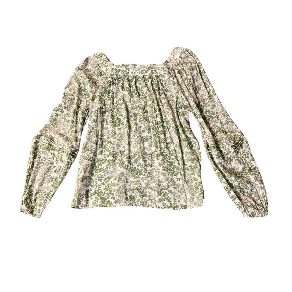 LC Lauren Conrad Blouse Womens L Lightweight Green & Cream Peasant Top - Picture 11 of 12